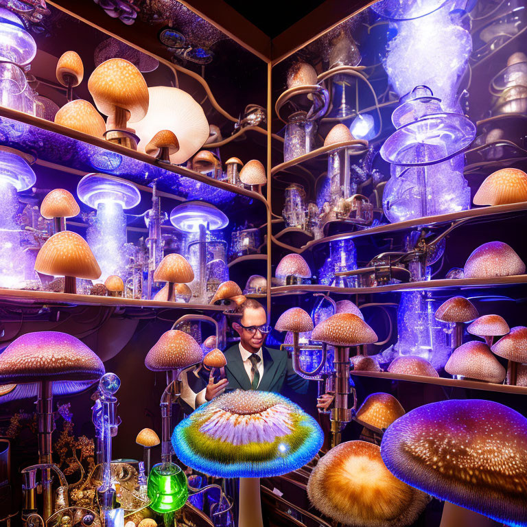 Man in suit with bioluminescent mushrooms in futuristic lab