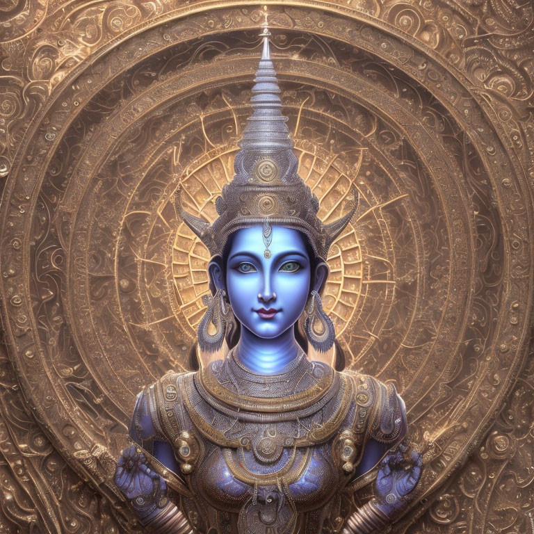 Blue-skinned deity with golden headgear and jewelry on mandala backdrop