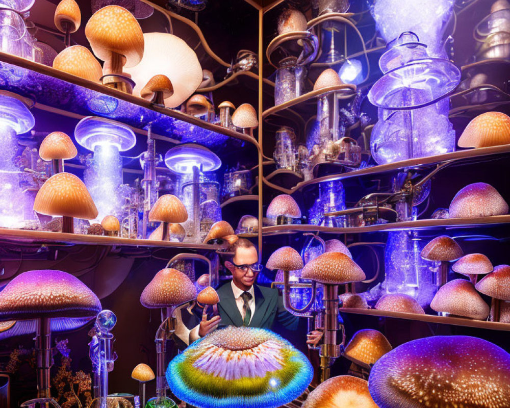 Man in suit with bioluminescent mushrooms in futuristic lab