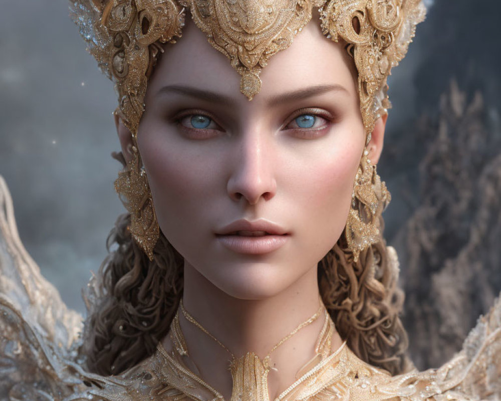 Portrait of woman with blue eyes, gold headpiece, misty background