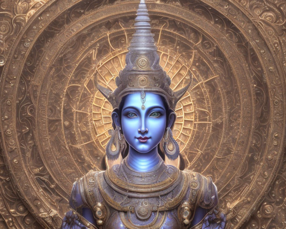 Blue-skinned deity with golden headgear and jewelry on mandala backdrop