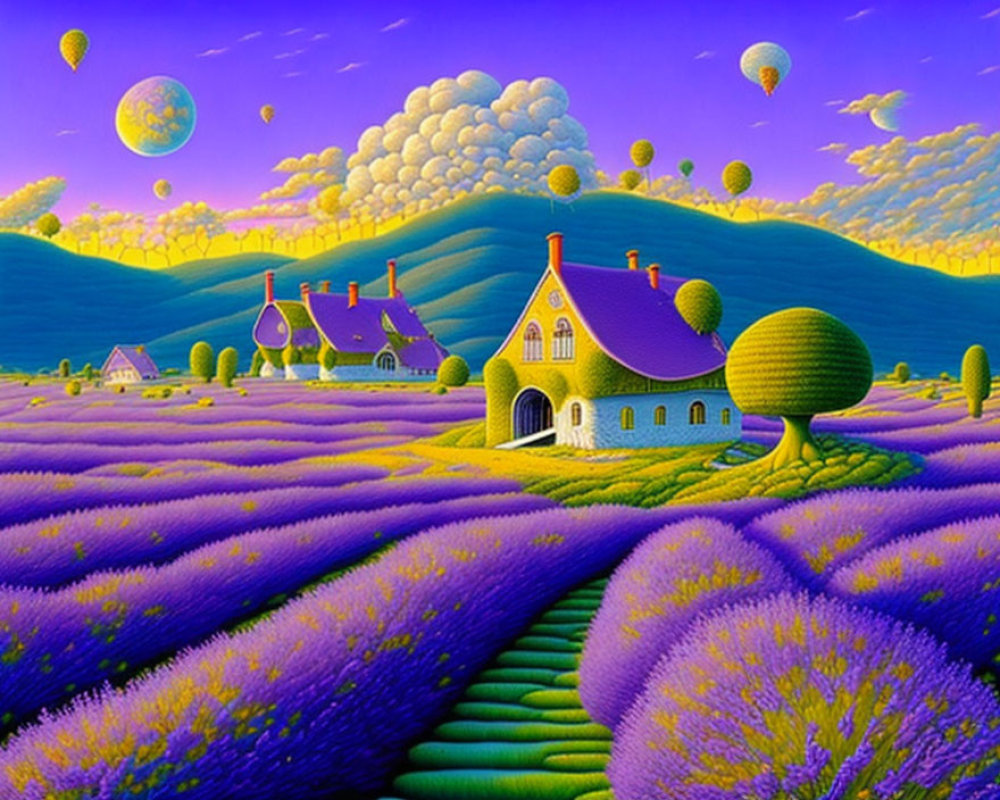 Colorful landscape with purple fields, whimsical houses, spherical trees, hot air balloons, and planets