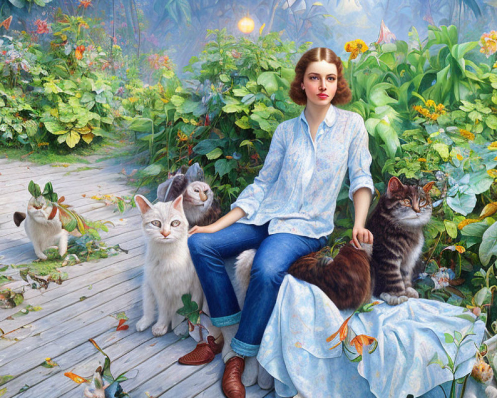 Woman in casual attire with five cats on wooden path in lush greenery
