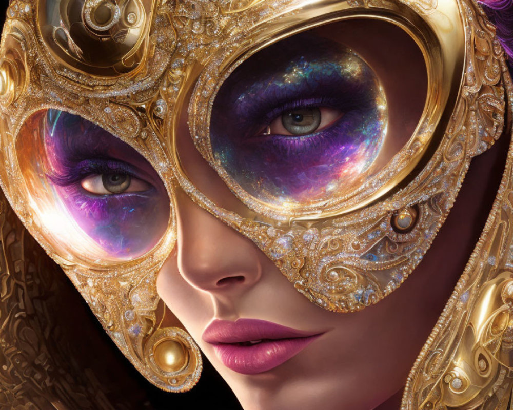 Person in ornate golden mask with galaxy-themed eyes and gemstone accents