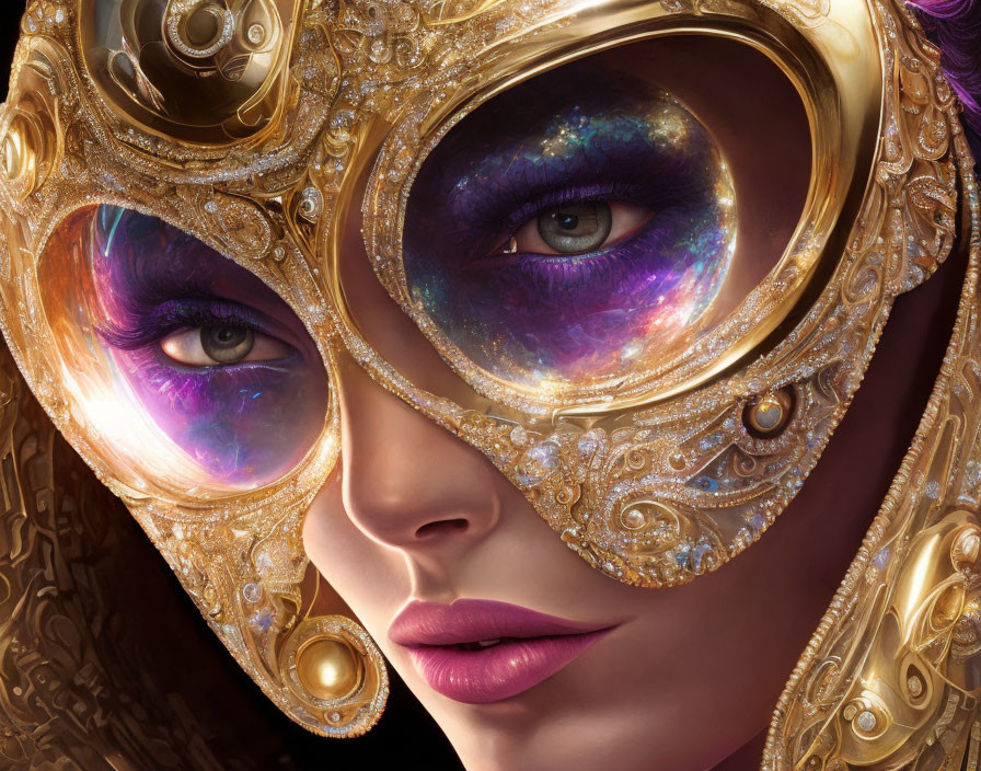 Person in ornate golden mask with galaxy-themed eyes and gemstone accents