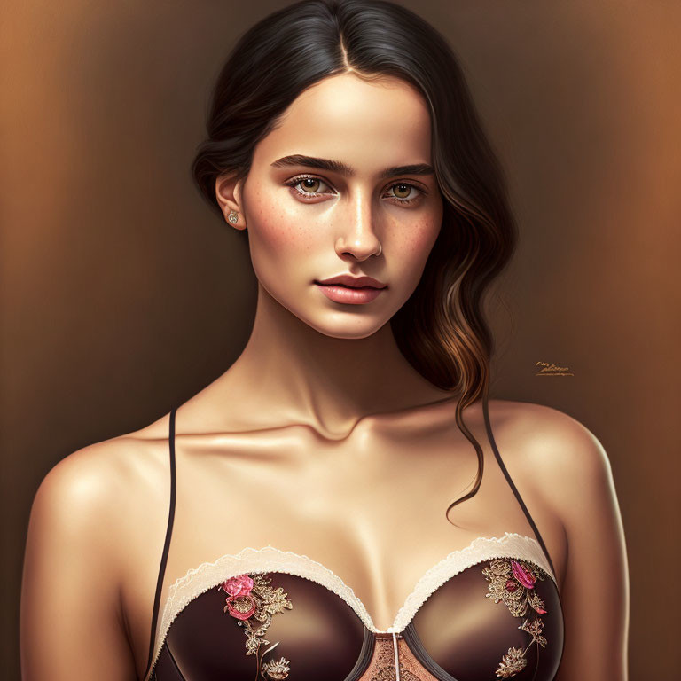 Woman with wavy hair in brown bra on warm background