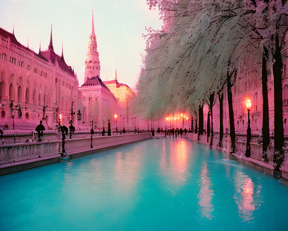 Twilight cityscape with blue canal, pink skies, white trees, and grand building.