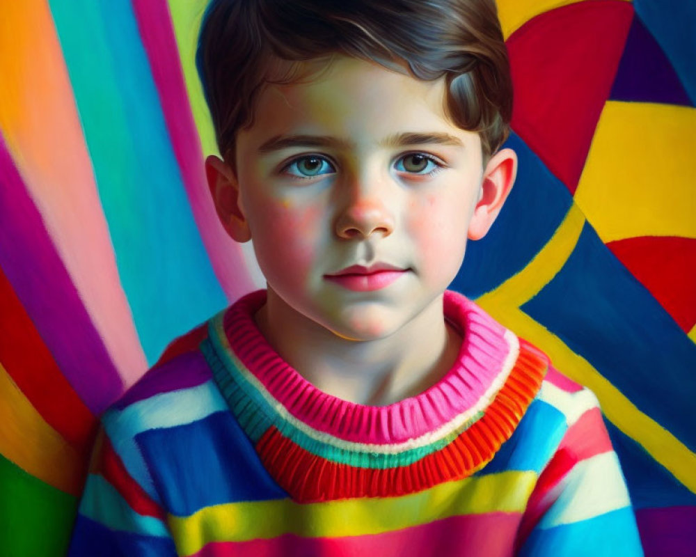 Colorful Portrait of Young Boy in Striped Sweater on Abstract Background