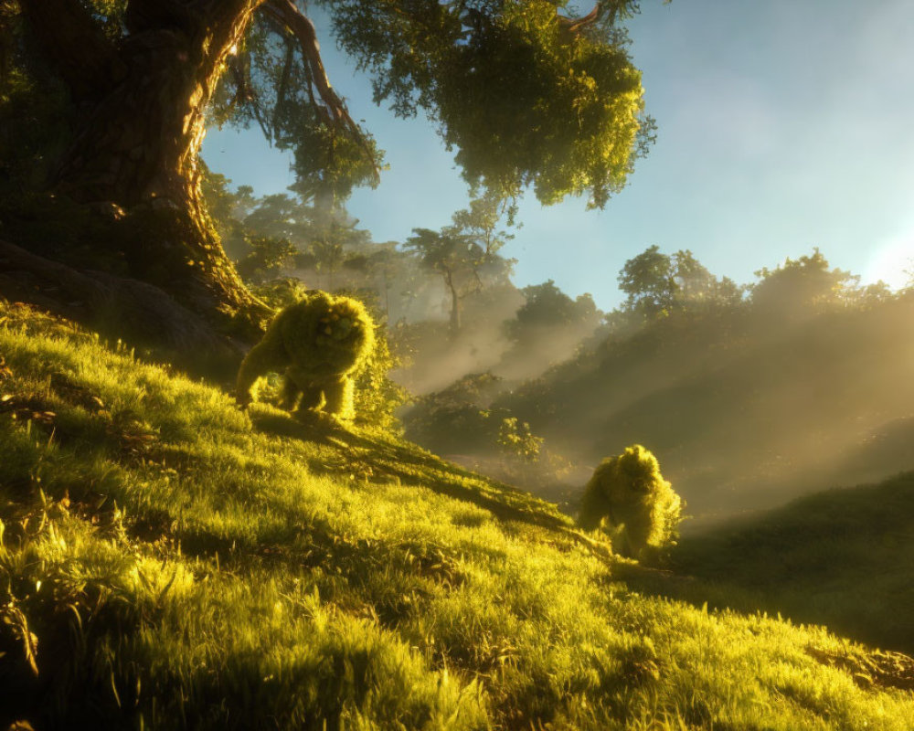Sunlit forest with moss-covered shapes resembling grazing sheep