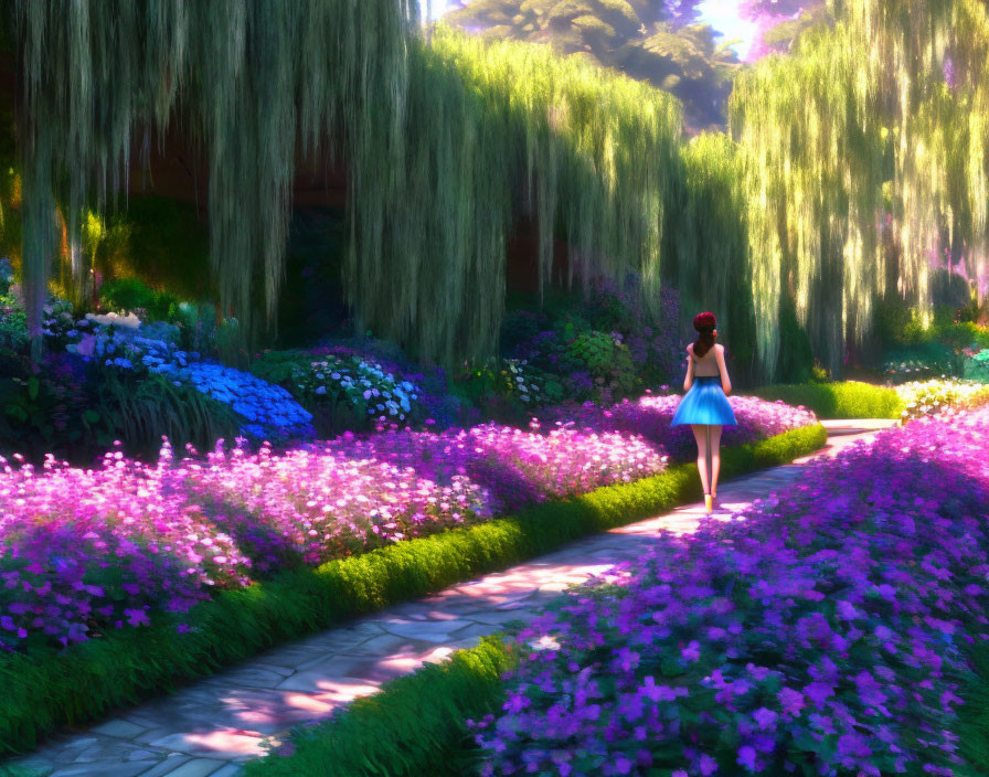 Person walking in vibrant garden with willow trees and pink flowers