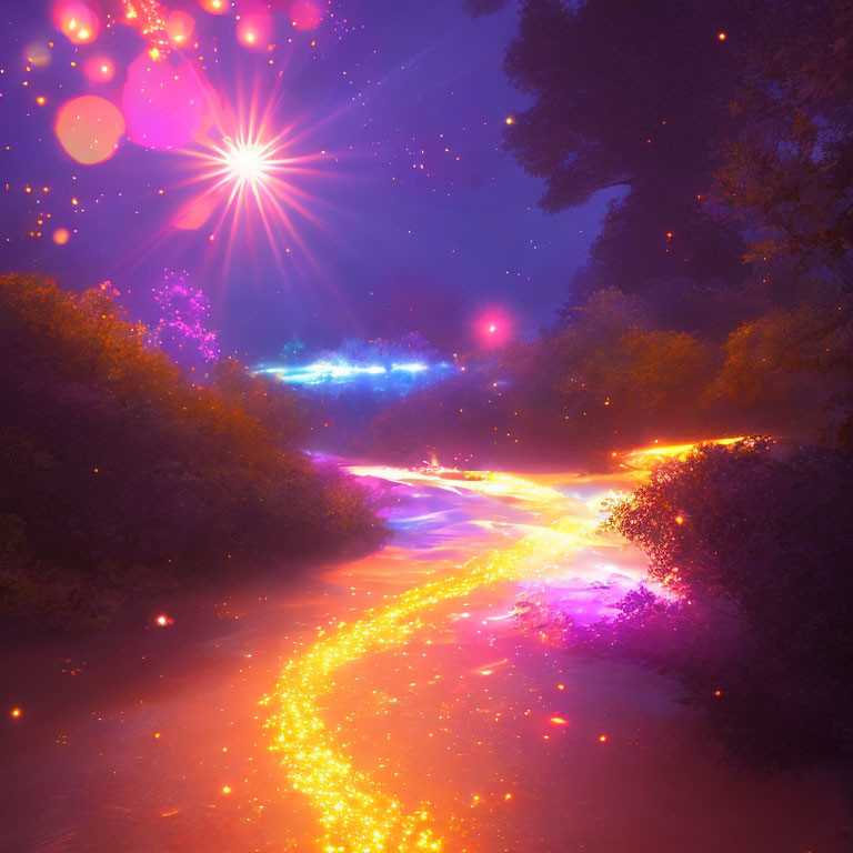 Enchanting forest scene with glowing river and starry sky