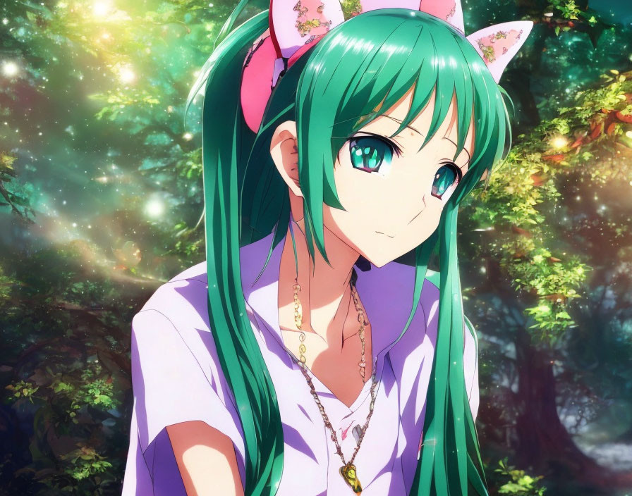 Green-haired anime girl with cat ears and bow in forest setting