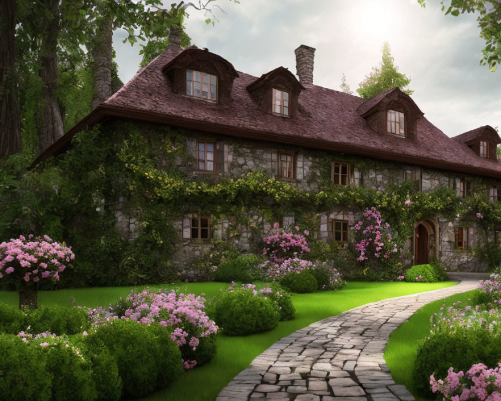 Stone Cottage with Reddish-Brown Roof, Greenery, Pink Flowers, and Curved Stone Path