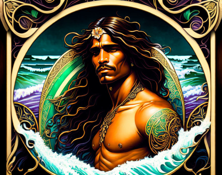 Long-haired man with tattoos in ornate frame against ocean waves