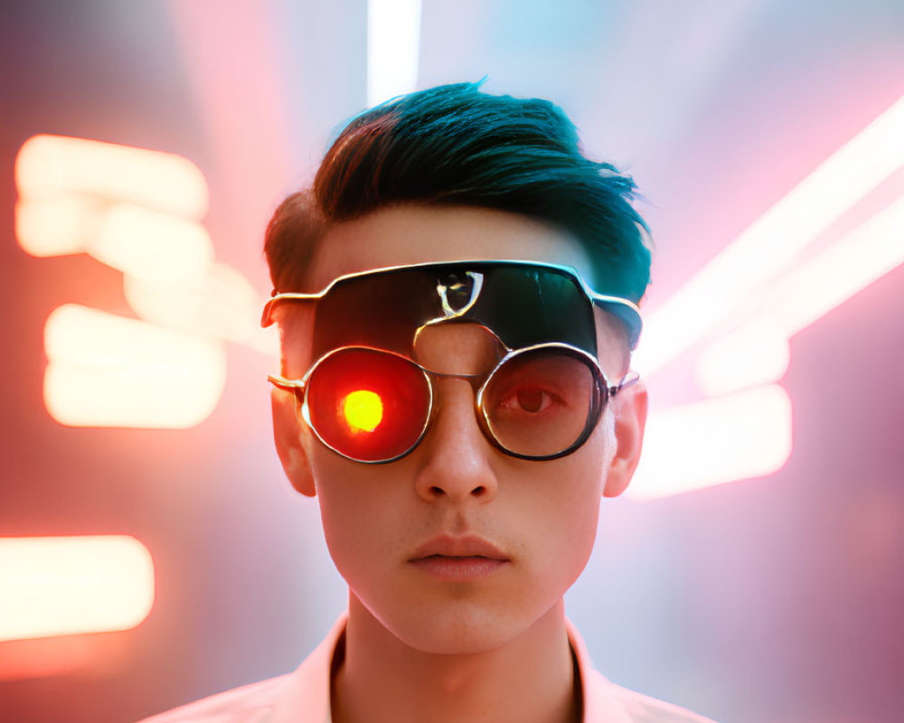 Person in Flip-Up Sunglasses Standing in Front of Vibrant Neon Lights