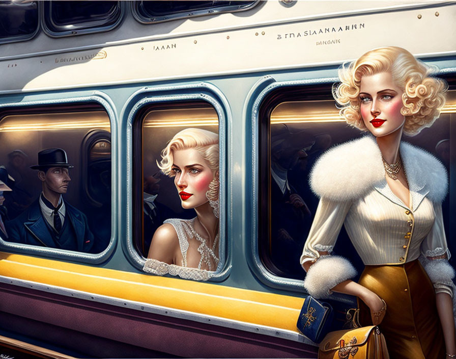 Vintage Attired Woman Boarding Train with Glancing Man