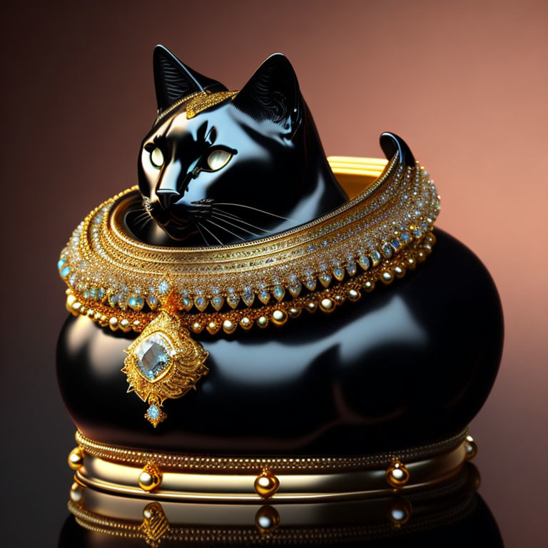 Black Cat Sculpture with Gold and Gemstone Necklaces on Brown Background