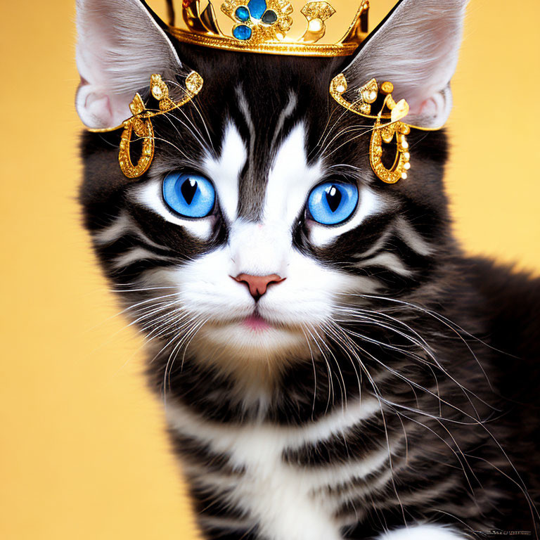 Black and White Kitten with Blue Eyes Wearing Golden Crown
