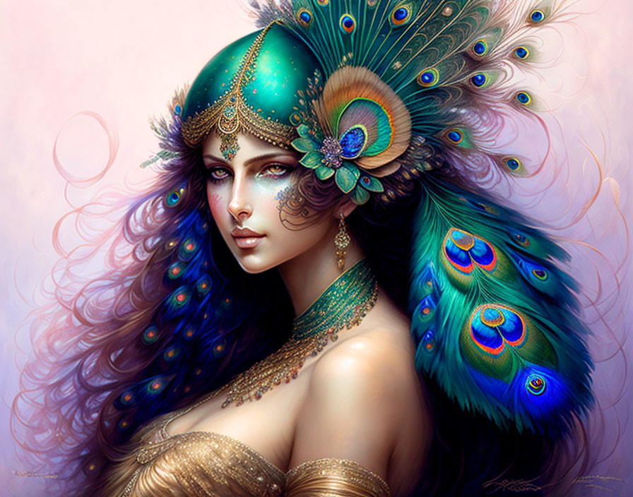 Vibrant digital artwork: Woman with peacock feather headdress & fantasy aesthetic