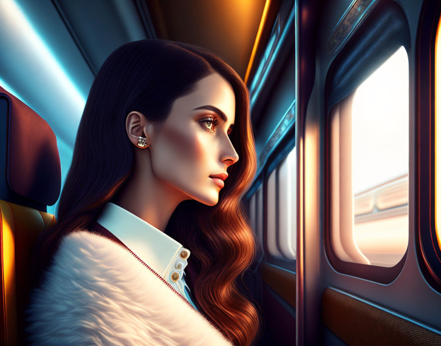 Digital artwork: Woman with long brown hair looking out train window