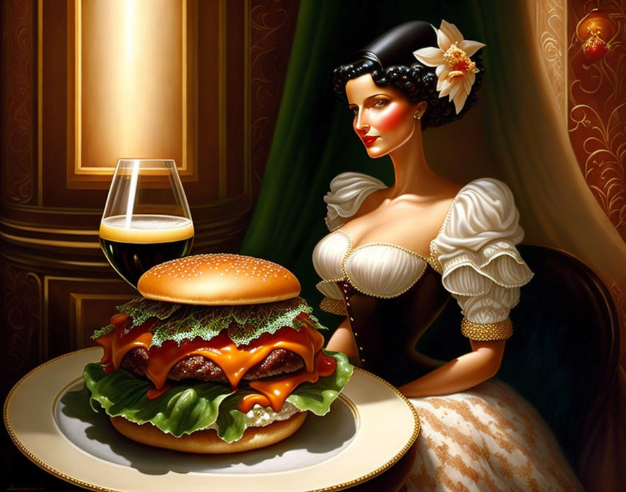 Vintage Attired Woman with Cheeseburger and Drink in Grandiose Interior
