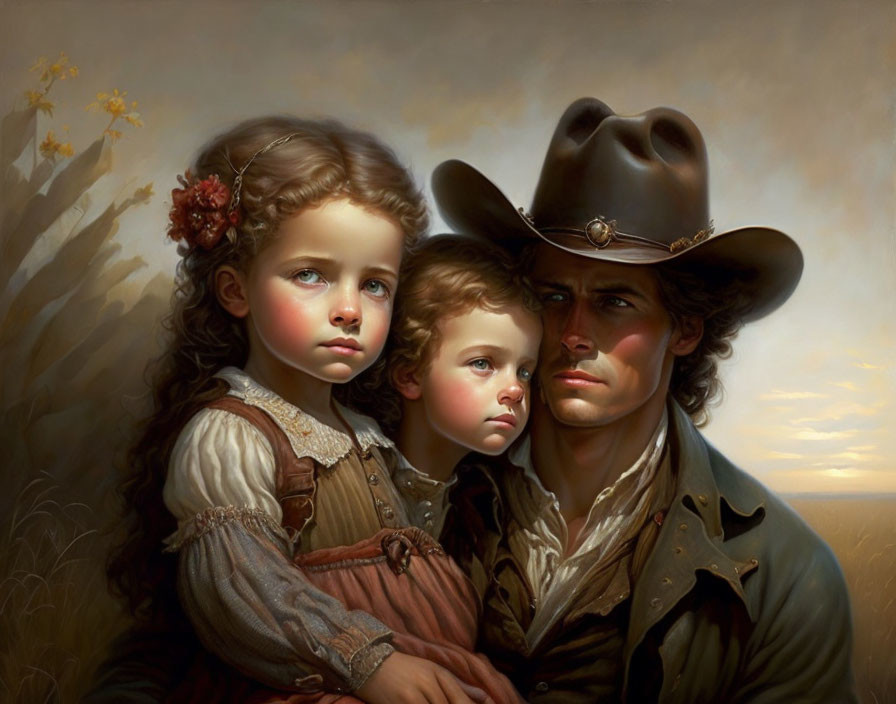Rugged cowboy with two children in dusky sky portrait
