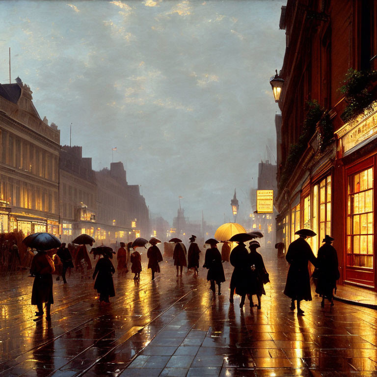City street at dusk: Rainy scene with umbrellas, wet pavements, and glowing shop windows