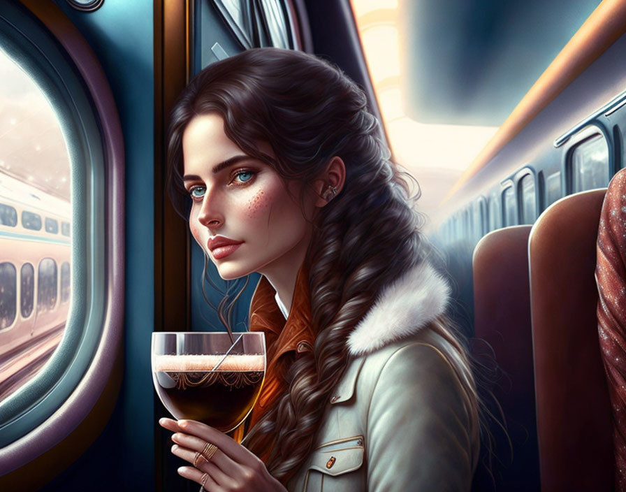 Digital artwork of woman with long hair holding wine glass by train window