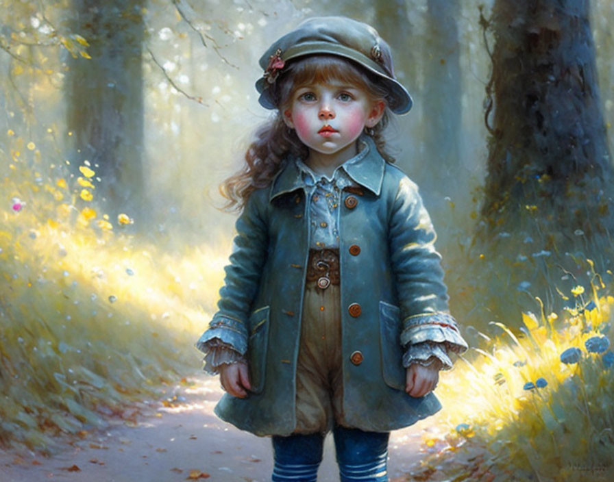 Child in vintage attire standing in sunlit forest pathway