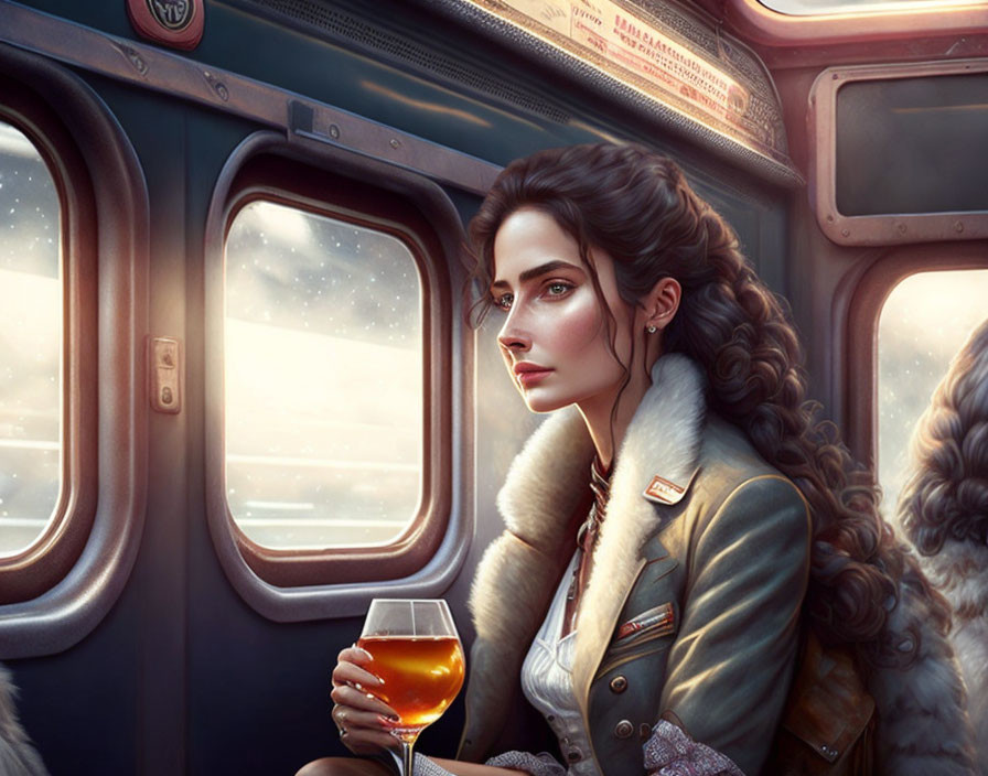 Digital illustration: Woman with dark hair holding wine glass, gazing out train window at snowy landscape