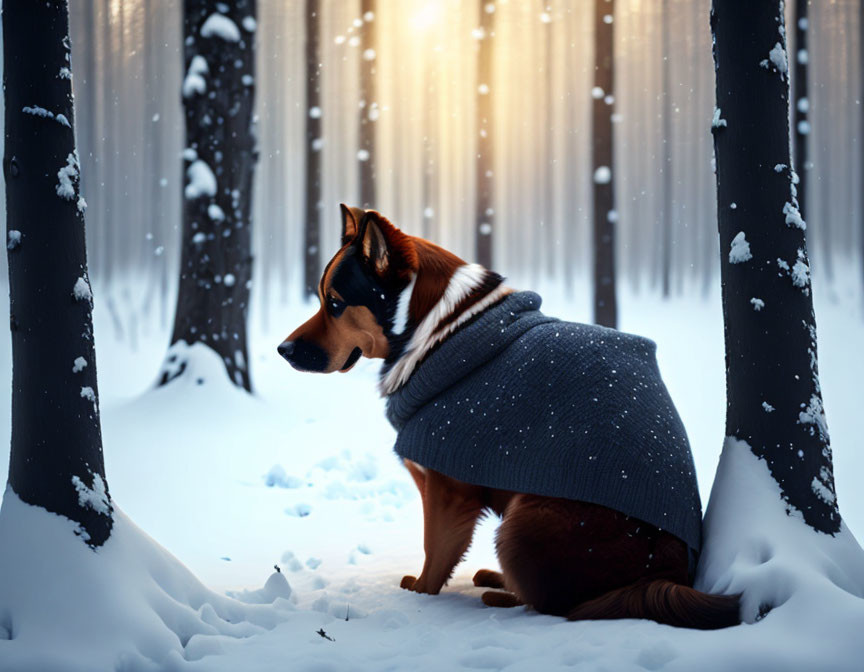 Dog in cozy sweater sitting in snowy forest with filtered light.