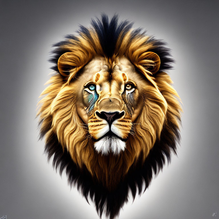 Detailed Mane Lion Digital Painting with Blue Eyes on Grey Background