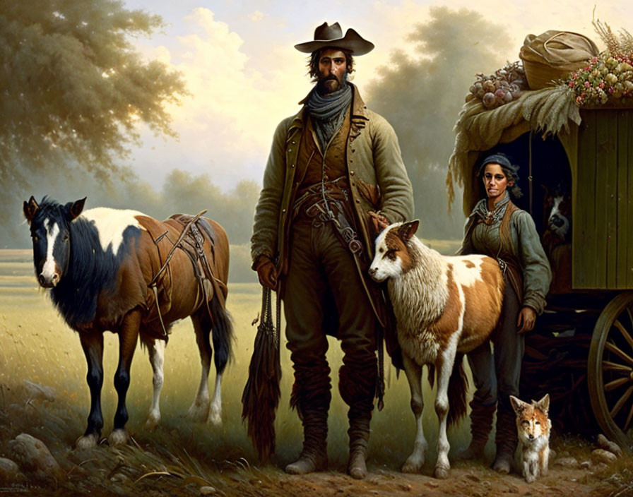 Pioneer man, woman, horse, and dog in old-western scene