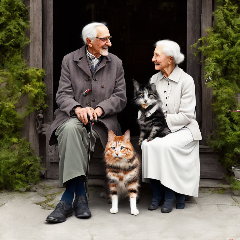 Elderly couple with two cats in front of dark doorway