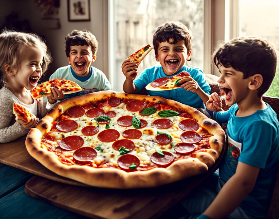 Four children enjoying pepperoni pizza together at a table