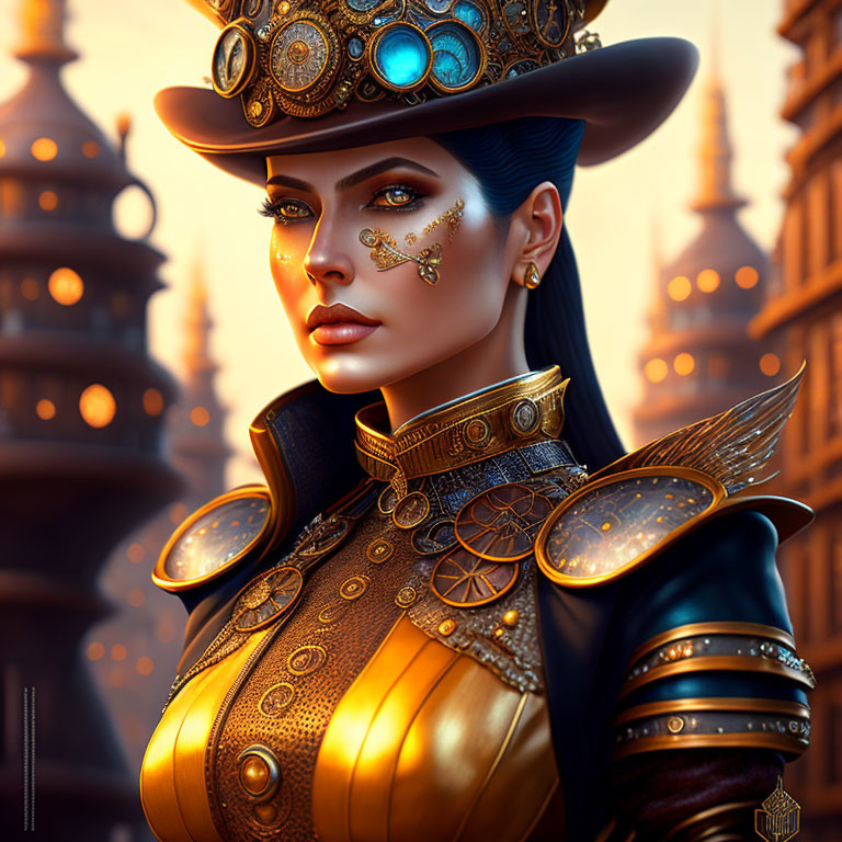 Steampunk-themed digital artwork of a woman in elaborate attire against tower backdrop