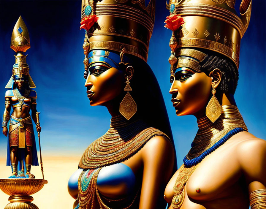 Stylized digital artwork of two regal figures in Egyptian headdresses