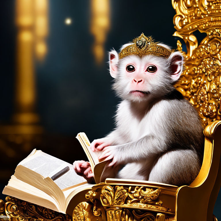 Monkey with Crown Reading Book on Gold Throne with Luminous Background