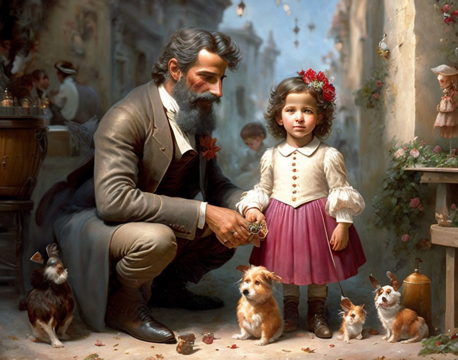 Bearded man in vintage attire presents object to girl surrounded by puppies