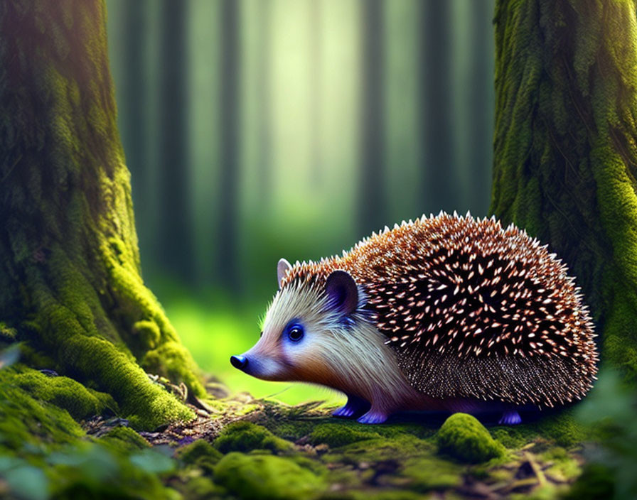 Forest Scene: Hedgehog in Mossy Floor with Sunbeams