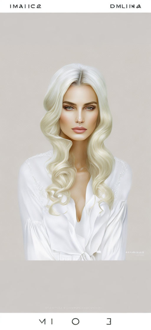 Detailed Illustration of Woman with Long Platinum Blonde Hair and Deep Neckline Blouse