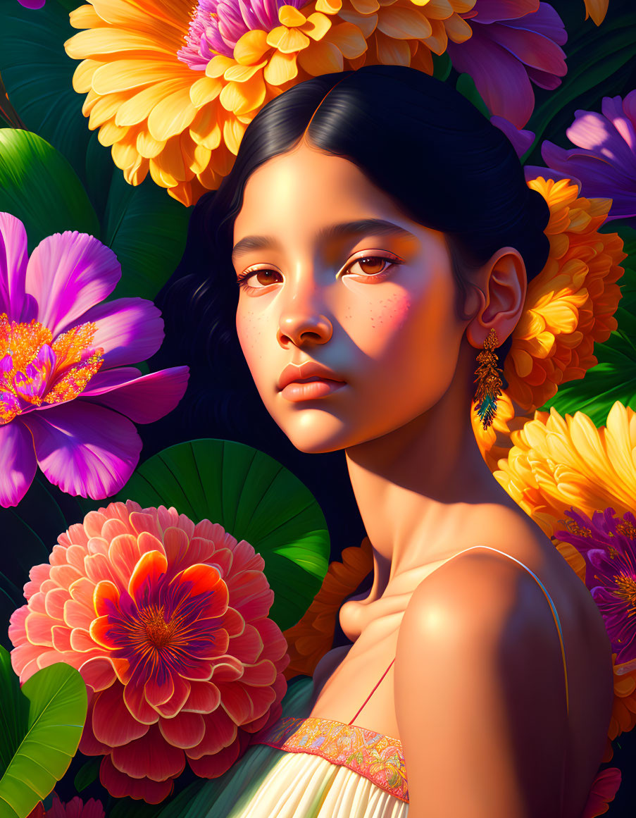 Digital portrait of serene young woman amidst vibrant flowers