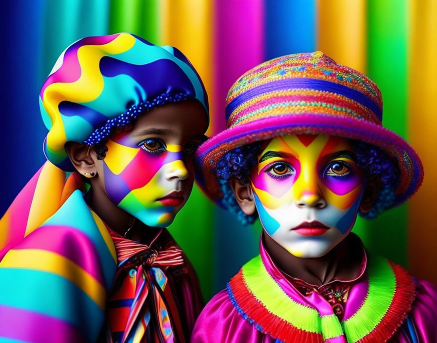 Children in vibrant face paint and colorful costumes against rainbow background