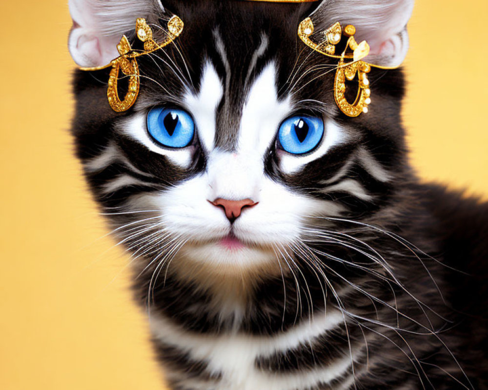 Black and White Kitten with Blue Eyes Wearing Golden Crown