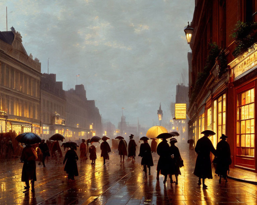 City street at dusk: Rainy scene with umbrellas, wet pavements, and glowing shop windows