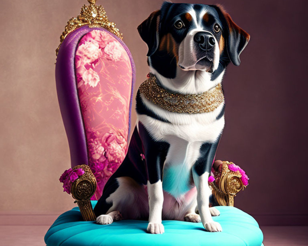 Black, White, and Brown Fur Dog Sitting on Royal Stool with Gold Necklace