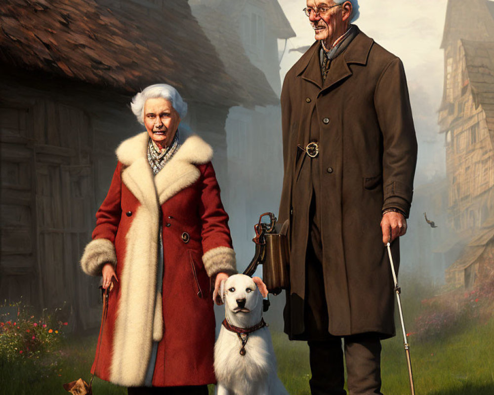 Elderly Couple with White and Brown Dogs in Front of Quaint Houses