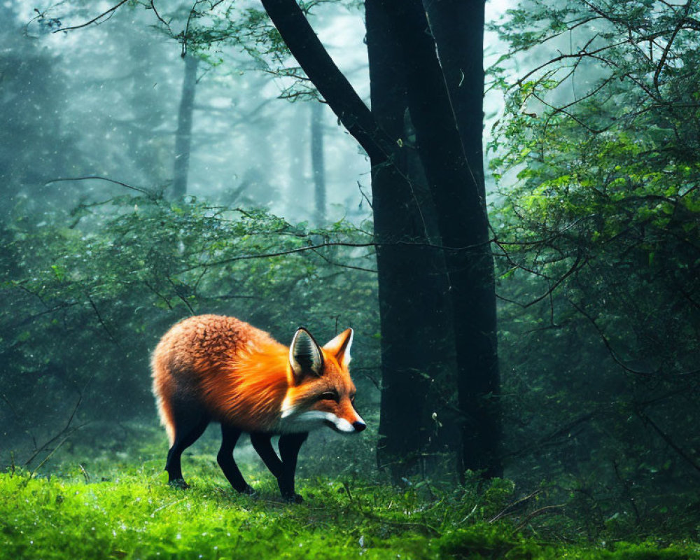 Vibrant orange fox in misty green forest with foggy trees