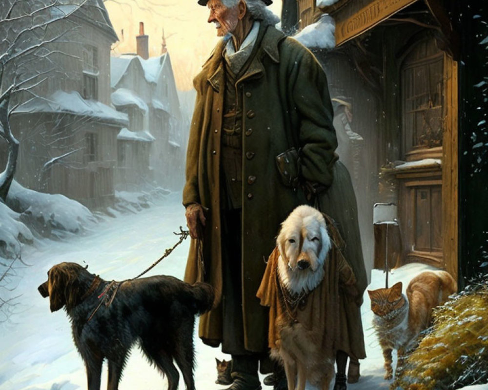 Elderly Gentleman with Pets on Snowy Street by Warmly Lit Houses