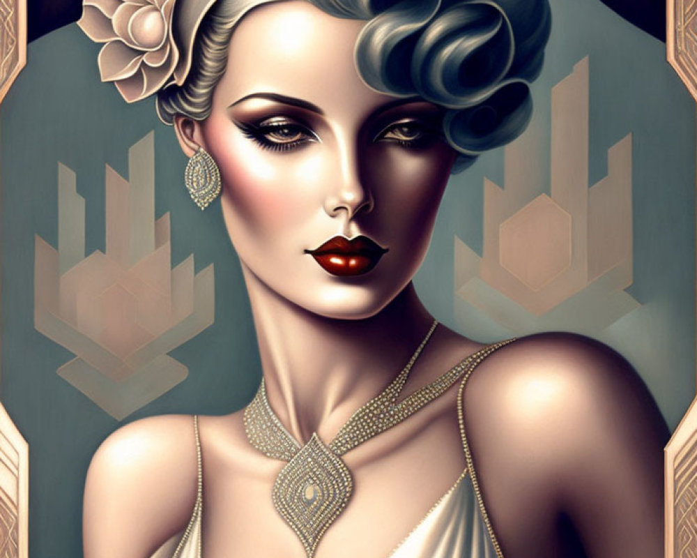 Vintage-inspired illustration of elegant woman with flower, dramatic makeup, flowing dress, and decorative jewelry.